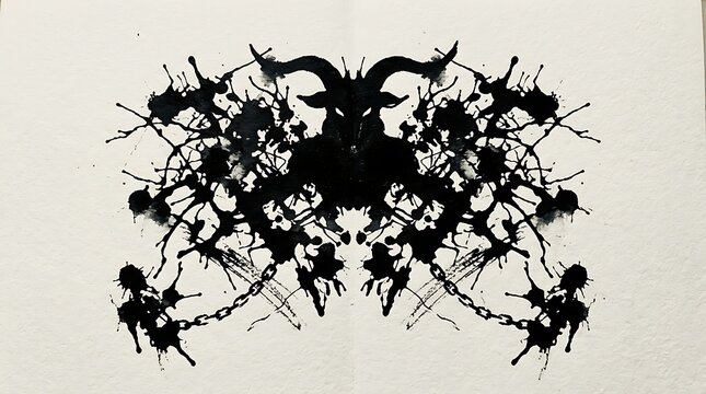 Abstract ink rorschach pattern featuring a symmetrical horned creature with dark chains created using liquid pigment dripping techniques for a mysterious psychological test theme on textured