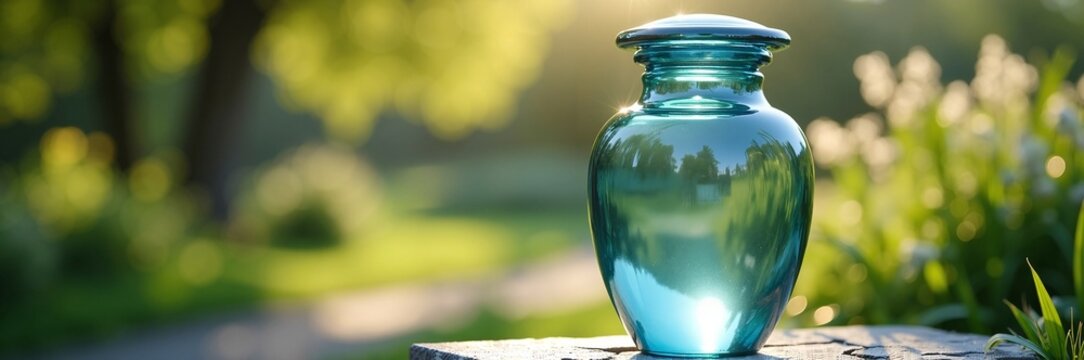 Elegant cremation urn in serene garden setting surrounded by flowers and soft sunlight illuminating its glass surface. Cremation urn serves as a meaningful remembrance piece for funeral rituals.