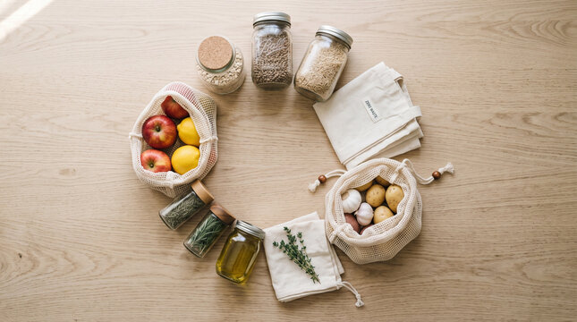 A circular arrangement of reusable textile bags filled with fresh vegetables and fruits alongside various glass containers holding grains and oils signifies a sustainable lifestyle choice