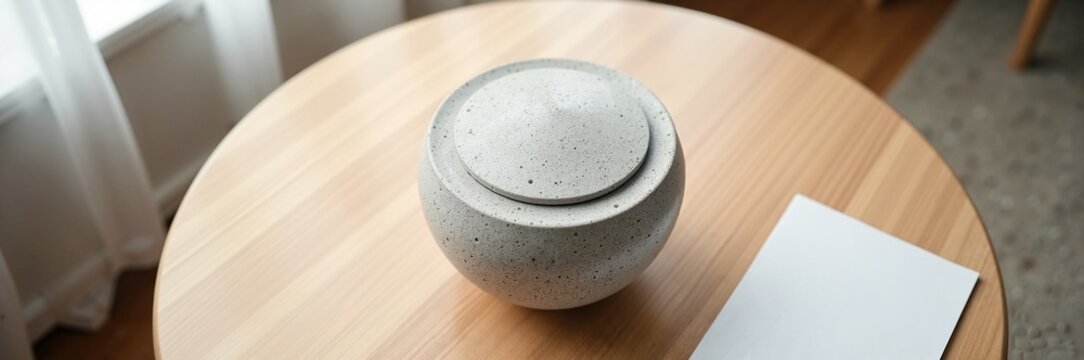 Elegant cremation urn displayed on wooden table beside white paper for remembrance. Smooth concrete urn symbolizes lasting memorial and meaningful farewell during funeral ritual.