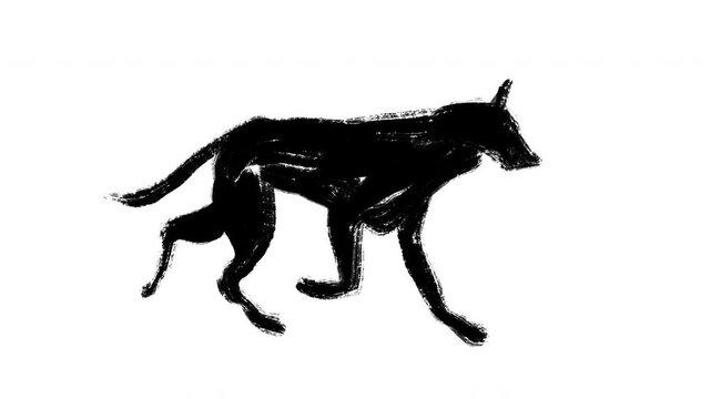 Hand drawn textured black silhouette of running wolf or dog isolated on white background, frame animation style.