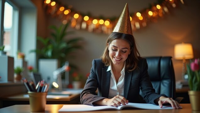 Close-up of an office worker in a rumpled blazer and a lopsided gold party hat s