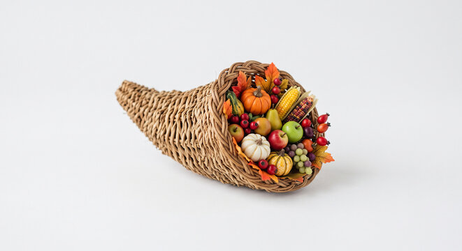 Woven cornucopia filled with autumn harvest fruits and vegetables on a white background horizontal with copy space