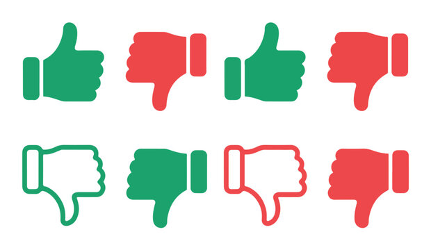 Thumbs up and thumbs down icons green red filled and outline for like dislike vector.