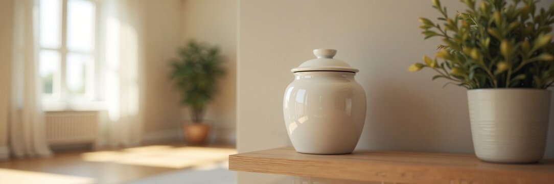 White cremation urn on shelf next to potted plant in bright living room. Elegant urn represents remembrance and serves as a beautiful memorial piece. Ideal for funeral rituals and memorial services.