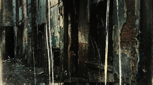 Abandoned building interior with peeling paint and brick, gritty urban decay scene with vintage film scratches and textures for moody backdrops.