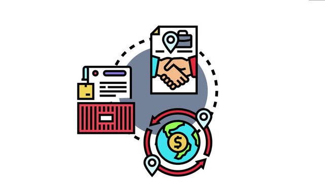 Illustration depicting the concept of a bilateral trade netting agreement. Involving a handshake document. Cargo container for goods exchange. And global money flow between two points