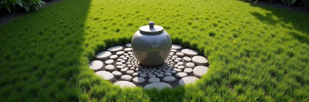 Serene garden features ornamental urn surrounded by decorative stones and lush green grass. Tranquil garden design highlights peaceful elements like urn and stone arrangement for relaxation.