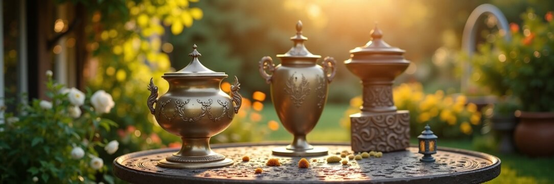 Elegant urns displayed on garden table with soft sunlight illuminating their details. These decorative urns evoke remembrance and tranquility in garden settings,