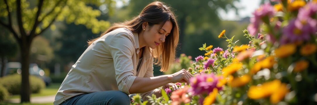 Woman tending to colorful flowers in garden with joy and care, enjoying serene moment in nature. Gardening activity includes nurturing vibrant blooms and appreciating beauty in outdoor space.
