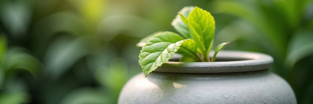 Elegant urn with green leaves in serene garden setting. This urn symbolizes remembrance and dedication to nature, showcasing a vibrant plant emerging from it,