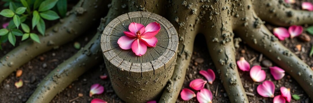 Tranquil garden scene featuring wooden stump with pink flower resting on it amid tree roots and scattered petals, creating peaceful atmosphere in nature setting.
