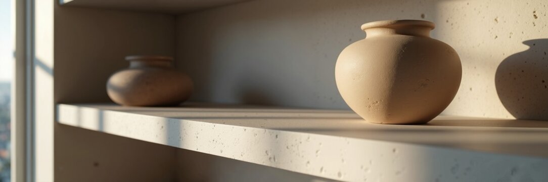 Elegant pottery displayed on shelf in soft natural light with stunning shadows highlighting form and texture. Pottery sets the tone for serene home decor and adds character to living spaces.