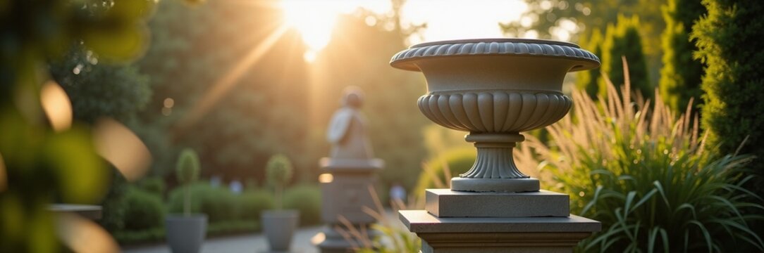 Serene garden scene with urn and lush greenery at sunset. Beautiful garden features elegant urn amidst plants, sunlight casting warm glow on peaceful surroundings.