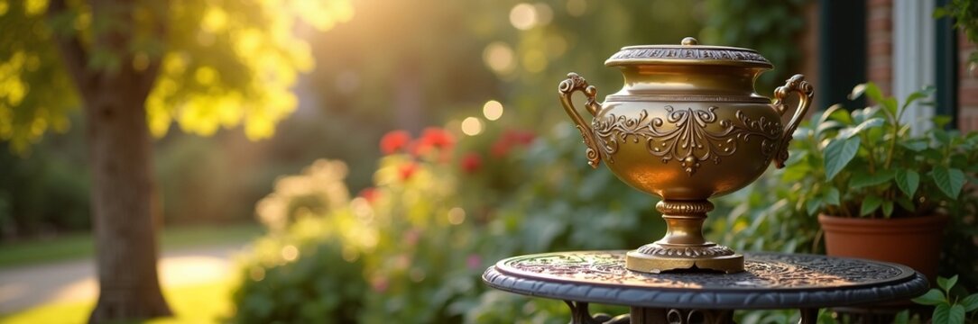 Elegant cremation urn on outdoor table with sunlight shining through greenery and colorful flowers in background. This beautiful urn represents remembrance and tribute to loved ones,
