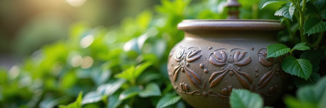 Elegant cremation urn surrounded by lush greenery, capturing essence of remembrance and honoring loved ones. This cremation urn evokes deep emotions during remembrance ceremonies,