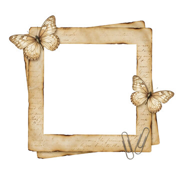 Vintage paper frame decorated with butterflies and paperclips