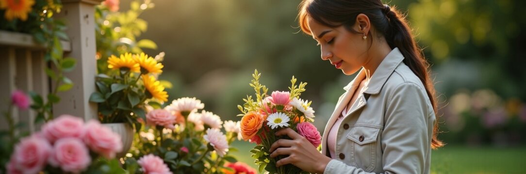 Woman arranging colorful flowers in garden while enjoying nature and relaxation. Floral arrangement involves various blooms including pink roses, sunflowers, and daisies,
