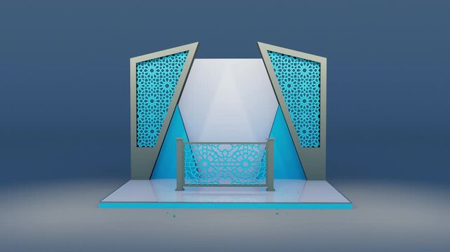 3D animation photo booth Arabic Islamic geometric ornament camera zoom in far close teal mashrabiya lattice panel wedding event backdrop