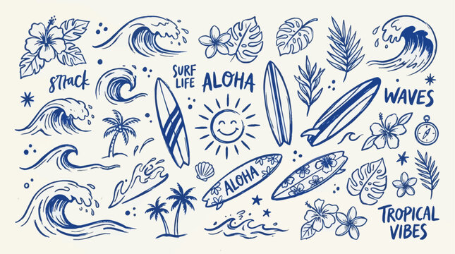 A collection of hand-drawn blue doodles featuring surfboards, waves, palm trees, tropical flowers, and a smiling sun, evoking a summer beach vibe.