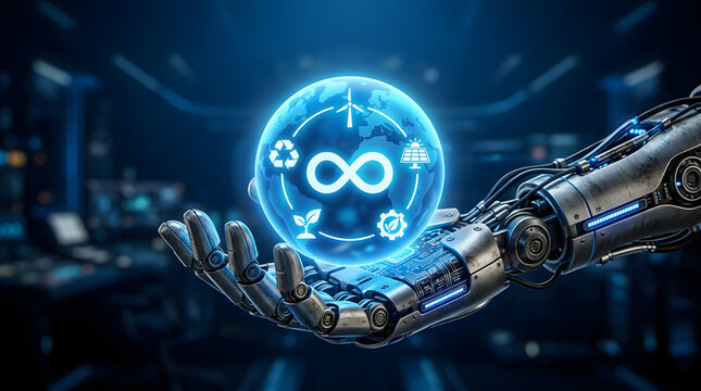Robotic hand holding glowing sustainability globe with futuristic