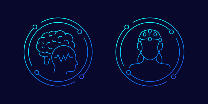 EEG, electroencephalography brain test icons, linear design
