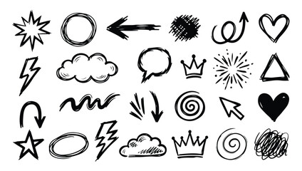 Naklejka premium Set of hand drawn doodle elements including arrows hearts stars clouds and various shapes for creative design projects