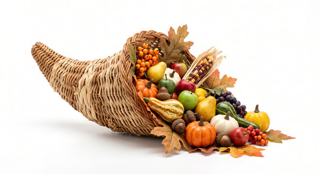 Thanksgiving cornucopia basket filled with autumn harvest fruits vegetables and leaves isolated on a white background horizontal