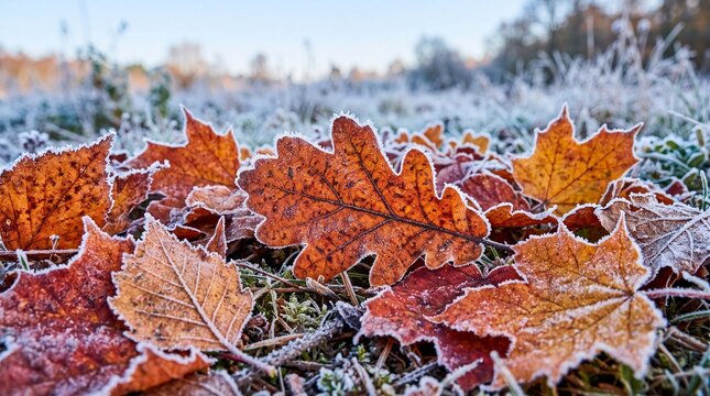 Frosted autumn oak and maple leaves on frozen grass during a cold winter morning