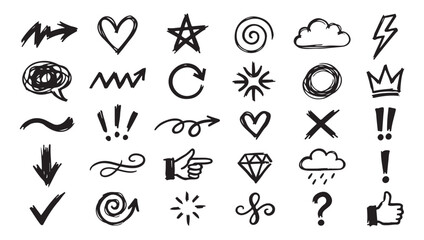 Fototapeta premium A collection of various hand drawn doodle icons and design elements on a plain white background