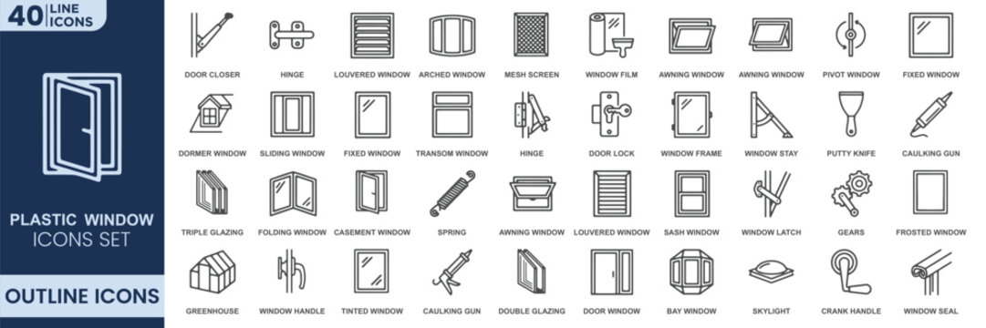 Plastic window outline icons set. Contain PVC window, frame, glass, sliding, opening, installation and home improvement symbols. Fully Editable. Vector illustration.
