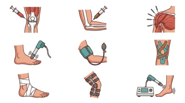 Different techniques for sports medicine rehabilitation are shown, focusing on injury treatment and recovery methods used in physical therapy.