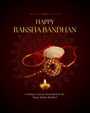 Happy Raksha Bandhan Greeting with Rakhi, Rice and Kumkum