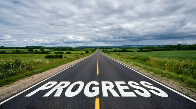 Road with painted progress sign pointing forward into countryside