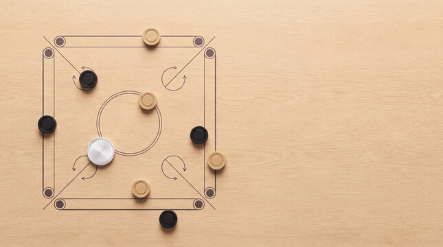Carrom board game with wooden pieces and striker arranged on a textured