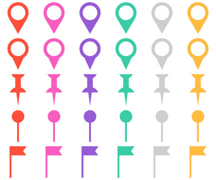 A stylized icon representing a map pin, marker, pushpin, and location flag.