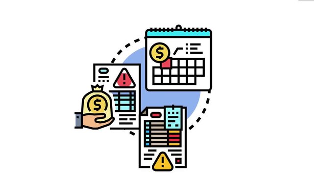 Personal finance management process visualizing recurring payments, upcoming deadlines, and money issues with a calendar, document, and hand holding a money bag icon