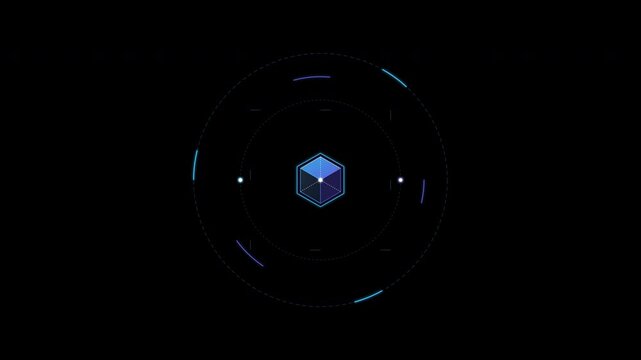 Futuristic HUD UI Cube Element glowing digital technology graphic with geometric target display on black background