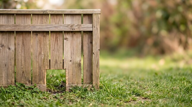 Wooden garden fence with small intentional gap for wildlife passage, urban wildlife friendly garden design concept art horizontal with copy space