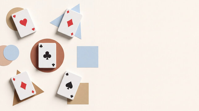 Playing cards arranged with geometric shapes on beige background