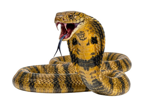 Venomous king cobra snake with hood flared open mouth fangs bared poisonous snake white background aggressive