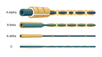 Fototapeta premium Illustration shows various types of nerve fibers including A-alpha, A-beta, A-delta, and C fibers. This relates to the field of neurology.