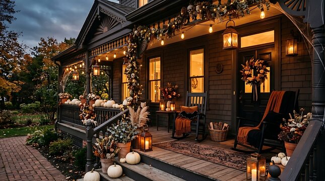 Dark wooden porch of a house decorated for halloween with pumpkins, autumn plants, rocking chairs, lanterns, and string lights at twilight time