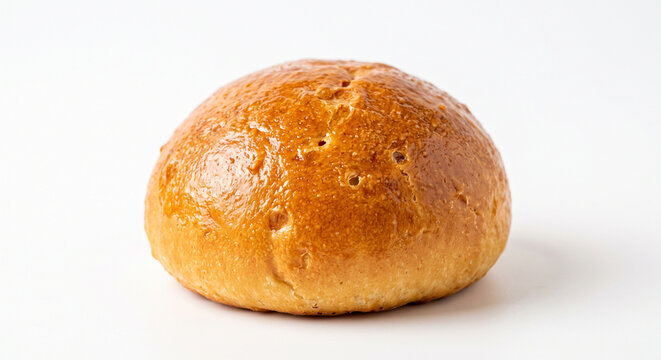 Golden brown baked bread roll or bun isolated on a clean white background with a glossy crust and subtle texture perfect for food photography