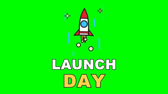 4K green screen LAUNCH DAY animated text - a rocket lifting off on a flickering flame, kinetic typography business and office overlay for corporate videos and social media, chroma key