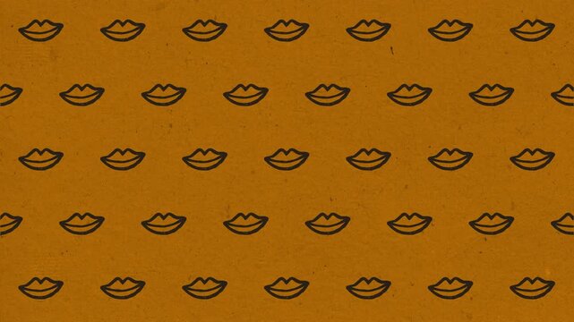 Abstract seamless pattern background featuring repetitive outline lip icons on a mustard yellow surface.