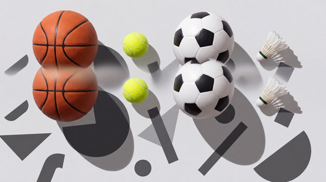 Various sports balls arranged neatly on a light gray surface with shadows