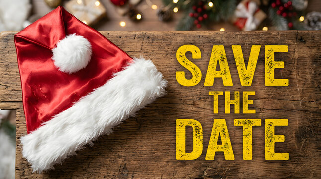 Holiday hat with save the date message on rustic wooden background