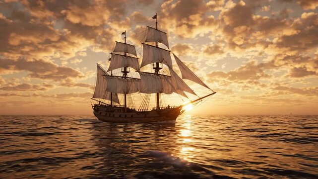 Tall ship sailing on calm ocean at golden hour sunset, vintage nautical vessel navigating open sea with full sails in peaceful atmosphere