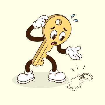 Cartoon Key Character Lost Keychain Worried Expression Isolated on Cream Background